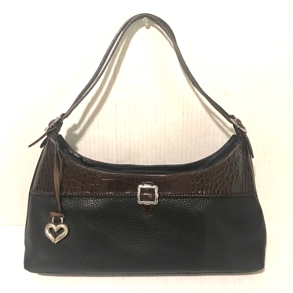 Brighton Black Pebbled Leather Croc Trim Handbag Shoulder Purse Bag Buckle Y2K